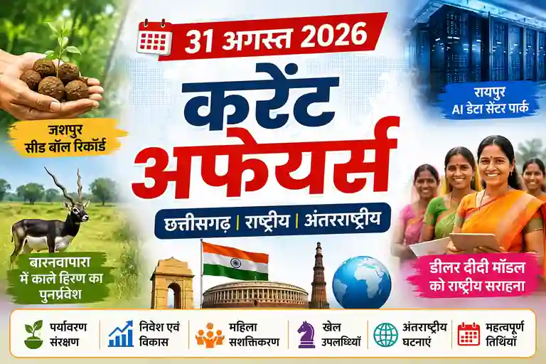 31 अगस्त 2026 करेंट अफेयर्स छत्तीसगढ़ राष्ट्रीय और अंतरराष्ट्रीय महत्वपूर्ण समाचार