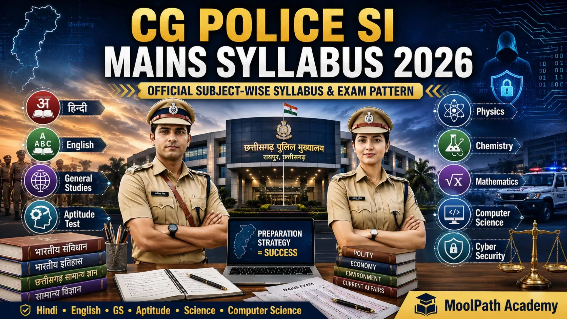 CG Police SI Mains Syllabus 2026 official subject-wise syllabus including Hindi, English, General Studies, Aptitude, Physics, Chemistry, Mathematics and Computer Science.